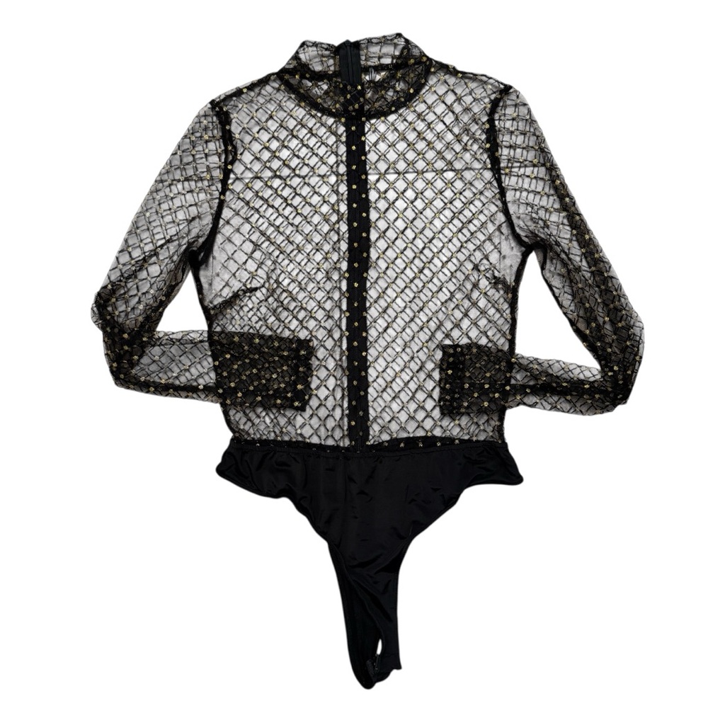 2 for $15 😍 Black & Gold Sheer Long Sleeve Bodysuit – Size XS